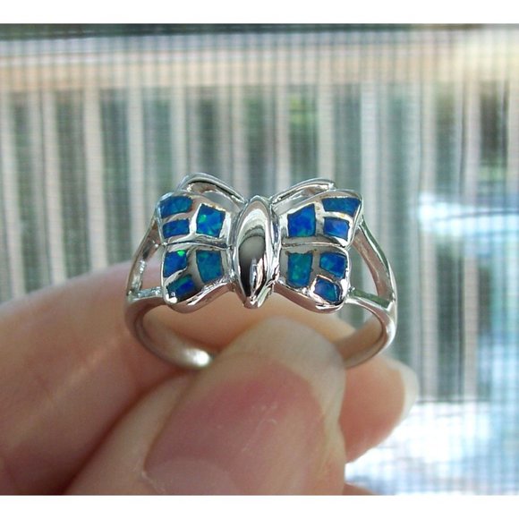 .925 STERLING SILVER Lab Created Blue Fire Opal Inlay Butterfly Ring - Picture 6 of 13